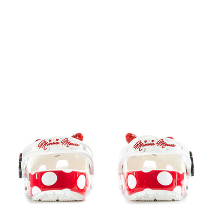White women’s classic clog with Minnie graphic on the back red heel panel