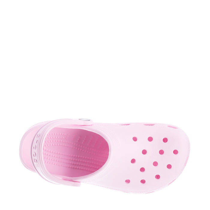 Women's pink clog, side top view showing ventilation holes and footbed texture