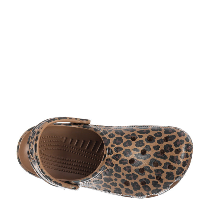 Women's leopard-print clog top view, perforated footbed and strap opening