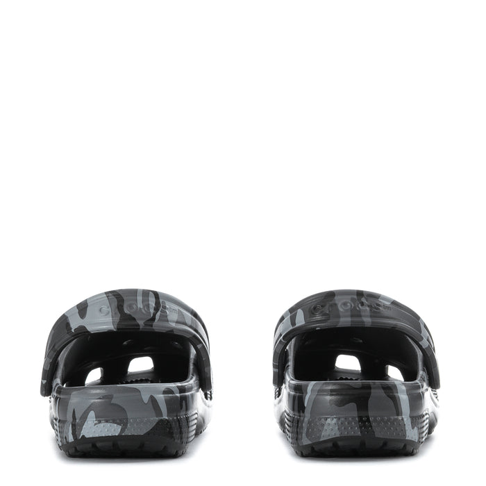 Youth camo clogs, rear view with adjustable heel strap