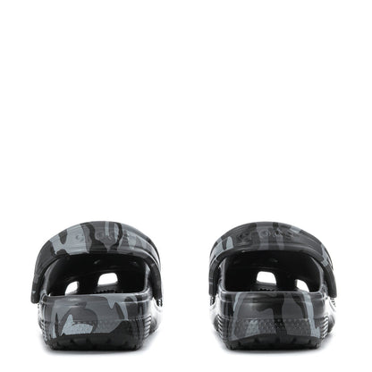 Youth camo clogs, rear view with adjustable heel strap