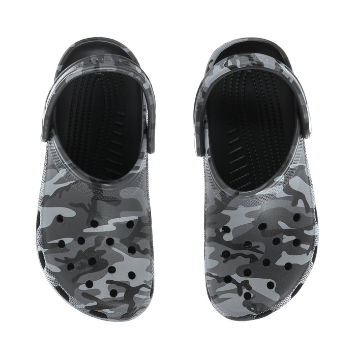 Youth camo clogs showing open heel and molded footbed