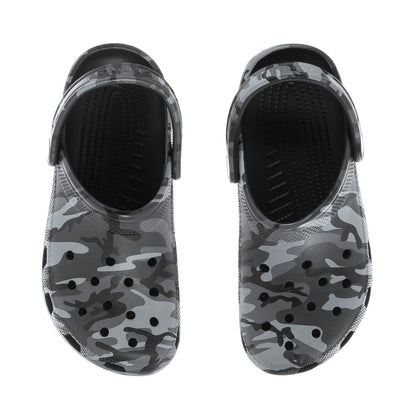 Youth camo clogs showing open heel and molded footbed