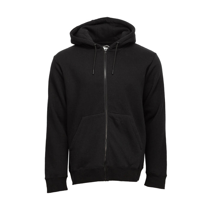 Black zip-up fleece hoodie with hood, drawstring, and front kangaroo pocket