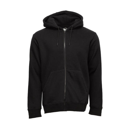 Black zip-up fleece hoodie with hood, drawstring, and front kangaroo pocket