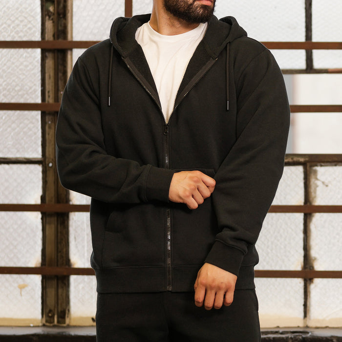Black zip-up fleece hoodie with hood drawstrings and kangaroo pocket; long sleeves