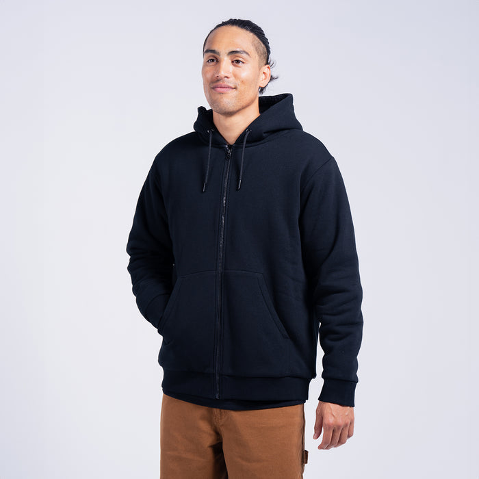 Black zip-up fleece hoodie with hood drawstrings, kangaroo pocket, and full-length zipper