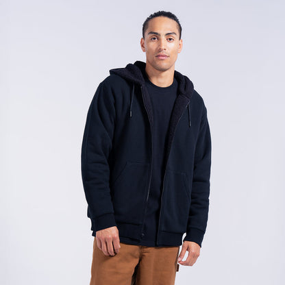 Black zip-up fleece hoodie with hood drawstrings and kangaroo pocket, model close-up