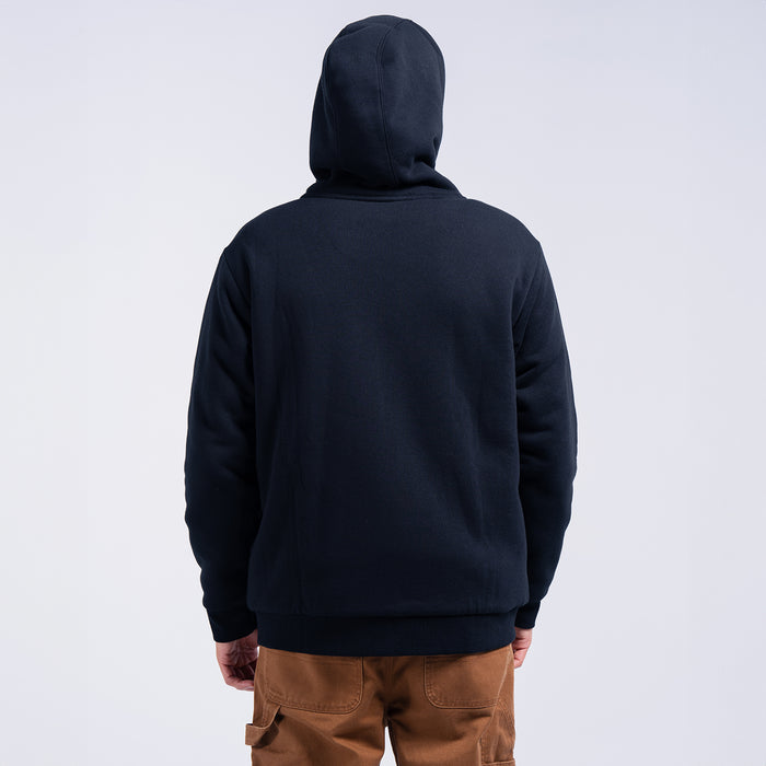 Black zip-up fleece hoodie, back view with hood and ribbed hem