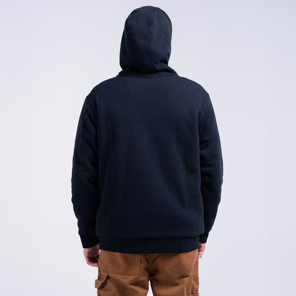 Black zip-up fleece hoodie, back view with hood and ribbed hem