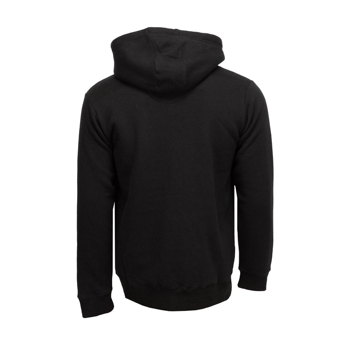 Black zip-up fleece hoodie, back view with hood and ribbed cuffs