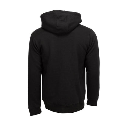 Black zip-up fleece hoodie, back view with hood and ribbed cuffs