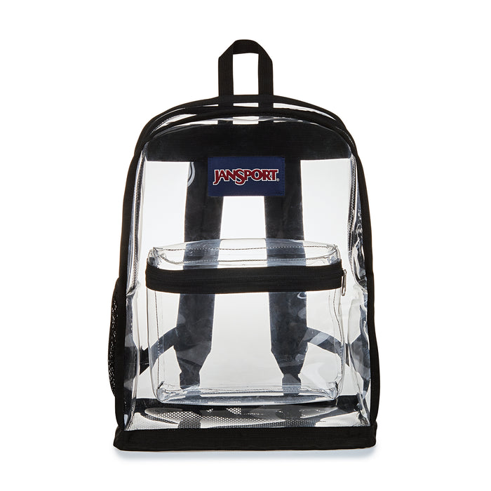 Black-trim clear Jansport backpack with front storage window and top carry straps.