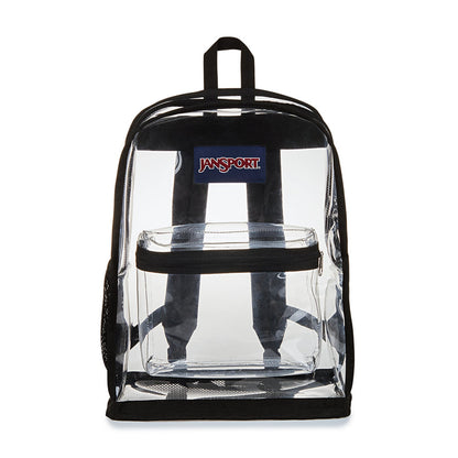 Black-trim clear Jansport backpack with front storage window and top carry straps.