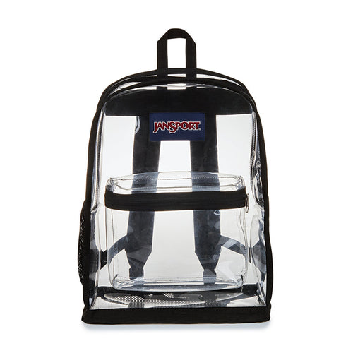 Black-trim clear Jansport backpack with front storage window and top carry straps.
