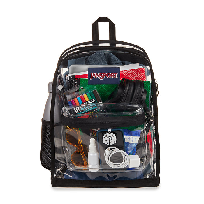 Black-trim clear Jansport backpack showing colorful contents through the front window.