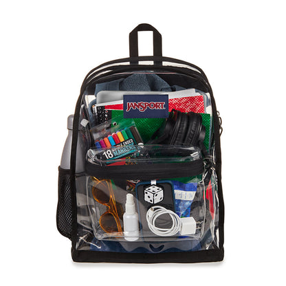 Black-trim clear Jansport backpack showing colorful contents through the front window.