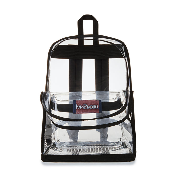 Black-trim clear backpack with top carry handle and front panel storage window.