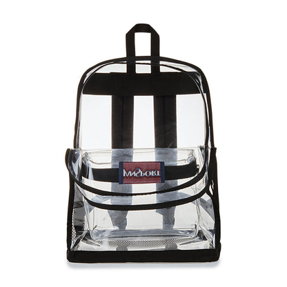Black-trim clear backpack with top carry handle and front panel storage window.