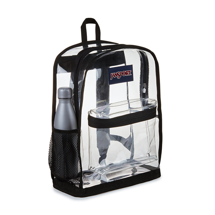 Black-trim clear Jansport backpack with mesh side pocket and bottle in front compartment.