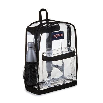 Black-trim clear Jansport backpack with mesh side pocket and bottle in front compartment.
