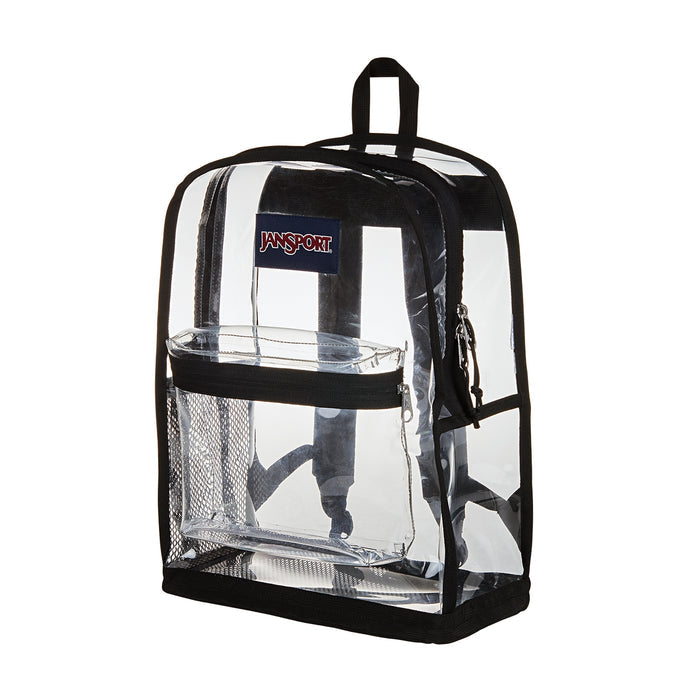 Black-trim clear Jansport backpack with side zippers and front storage window.