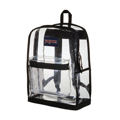 Black-trim clear Jansport backpack with side zippers and front storage window.