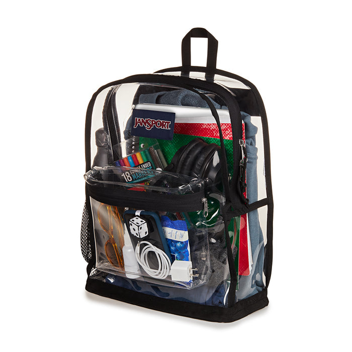 Black-trim clear Jansport backpack with cords and headphones visible through the window.