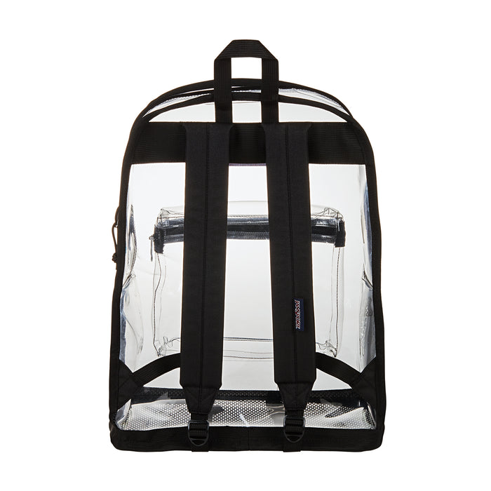 Clear Jansport backpack with black back straps and adjustable shoulder straps.
