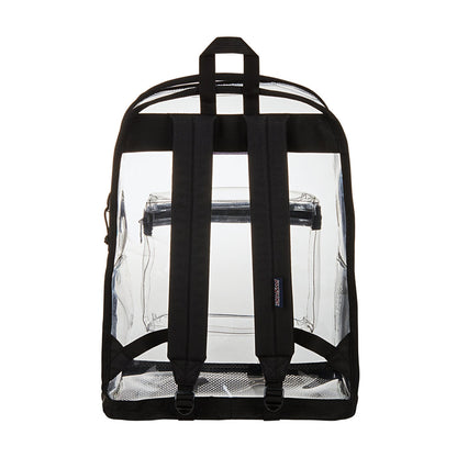 Clear Jansport backpack with black back straps and adjustable shoulder straps.