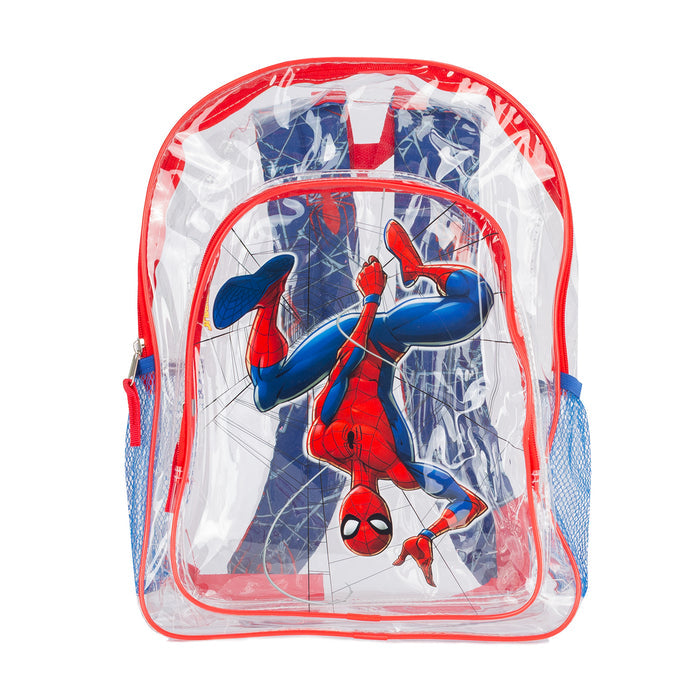Clear Spider-Man backpack with red zipper, blue/red graphic front pocket