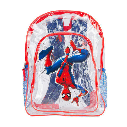 Clear Spider-Man backpack with red zipper, blue/red graphic front pocket