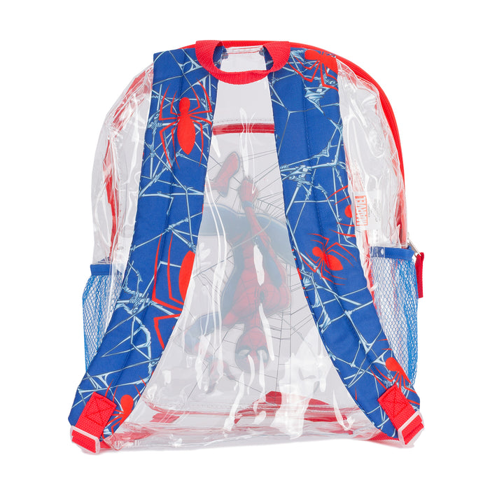 Clear Spider-Man backpack with blue mesh straps and red web pattern back