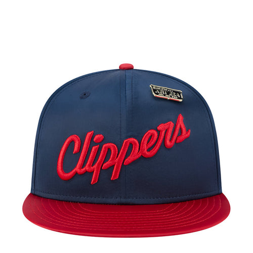 Two-tone satin baseball cap in navy with red brim and red Clippers script