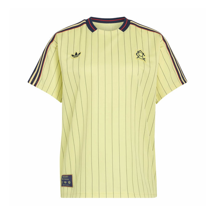 Mens light yellow pinstripe soccer jersey, navy/red collar trim, small crest on chest
