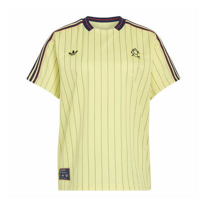 Mens light yellow pinstripe soccer jersey, navy/red collar trim, small crest on chest