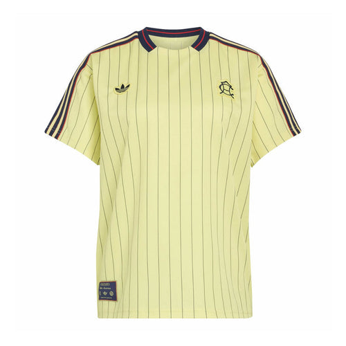 Mens light yellow pinstripe soccer jersey, navy/red collar trim, small crest on chest