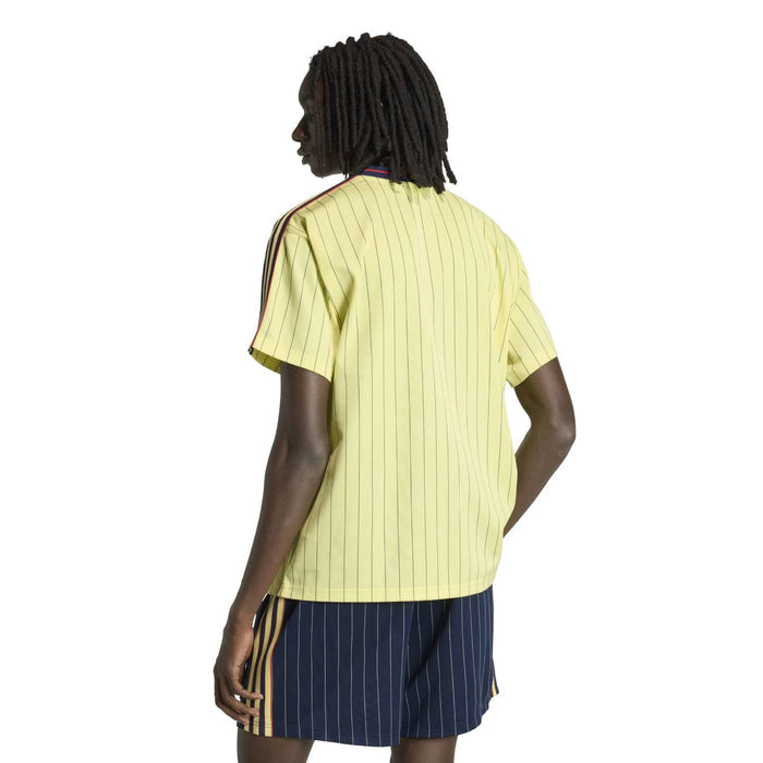 Mens light yellow pinstripe soccer jersey, back view with crew collar and shoulder trim