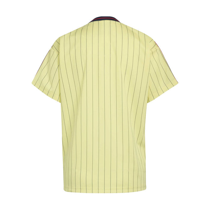 Mens light yellow pinstripe jersey back, short sleeves, collar stripe detail visible