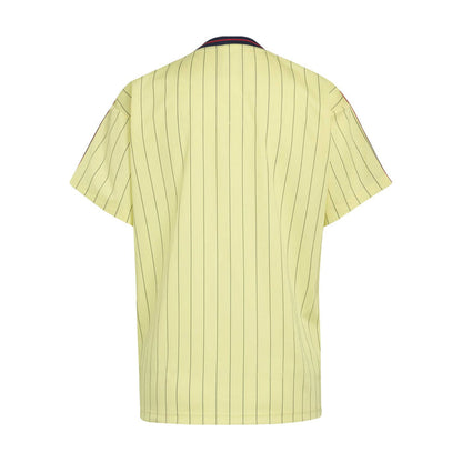 Mens light yellow pinstripe jersey back, short sleeves, collar stripe detail visible