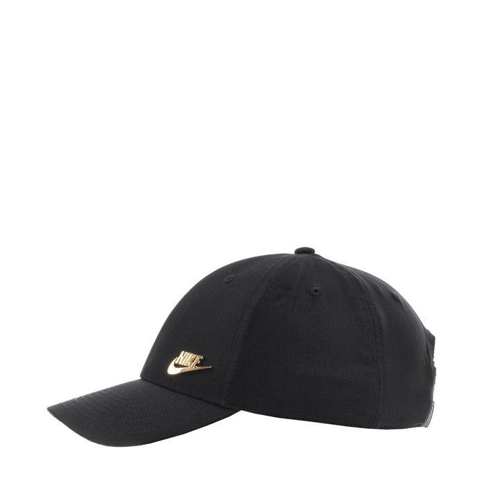 Black Nike baseball cap, metallic gold swoosh logo on side front