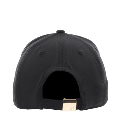 Black Nike baseball cap back view with gold-tone adjustable strap buckle