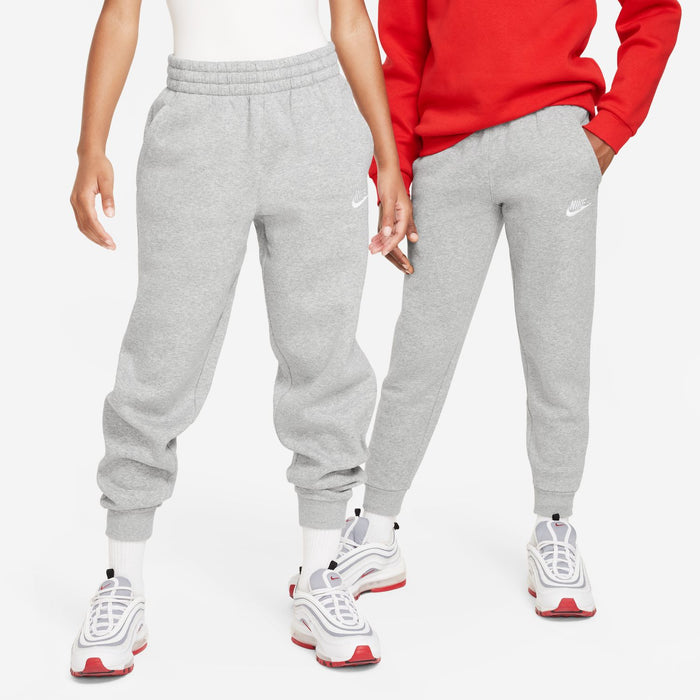 Youth heather grey fleece jogger pants with side swoosh and tapered ankle cuffs