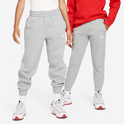 Youth heather grey fleece jogger pants with side swoosh and tapered ankle cuffs