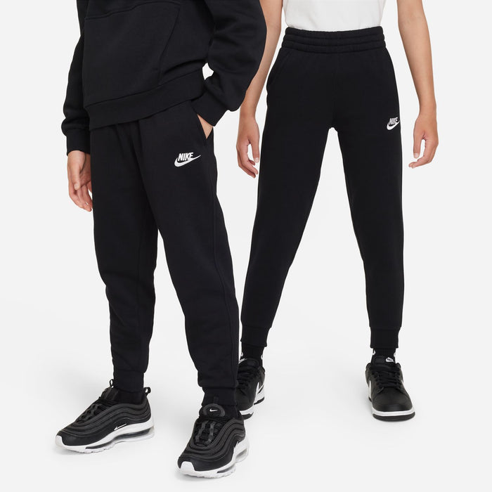Kids black jogger pants with Nike swoosh on thigh and tapered leg openings