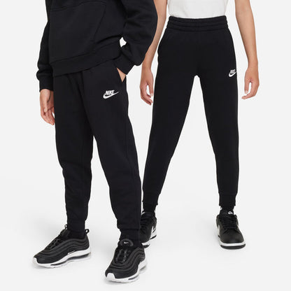 Kids black jogger pants with Nike swoosh on thigh and tapered leg openings