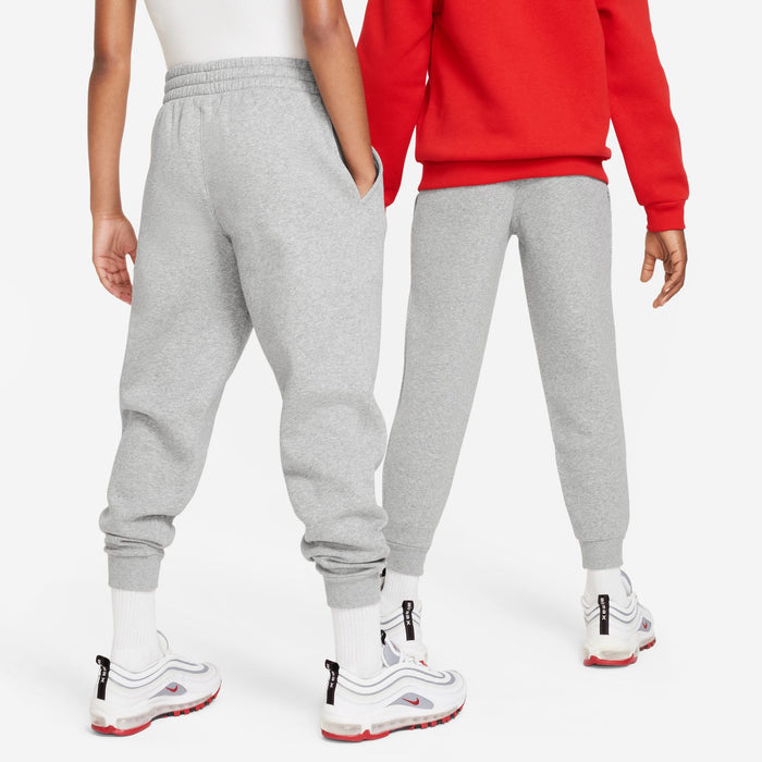 Youth heather grey fleece jogger pants with elastic waistband and ankle cuffs