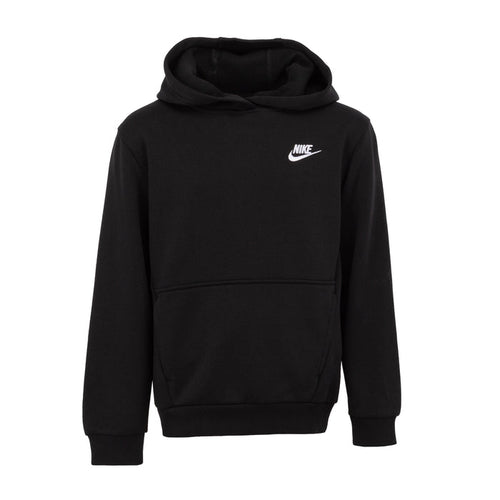Youth black fleece pullover hoodie with white Nike swoosh on chest