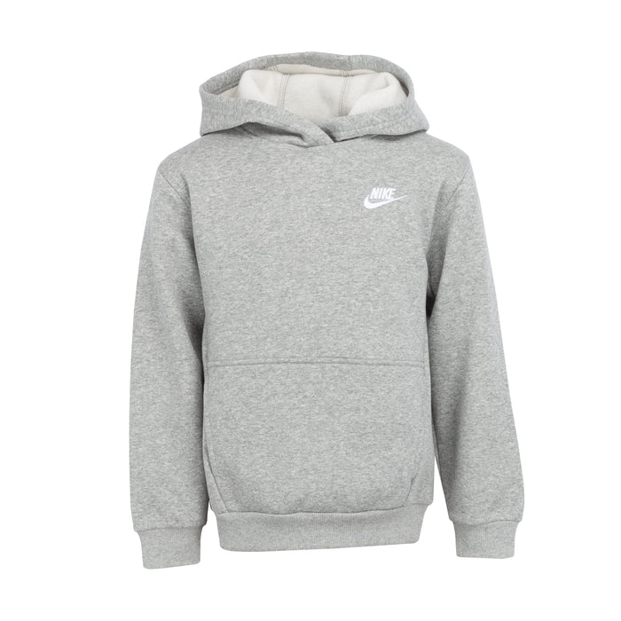 Youth pullover hoodie in heather grey with white hood lining and Nike logo