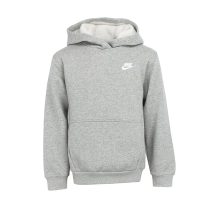Youth pullover hoodie in heather grey with white hood lining and Nike logo